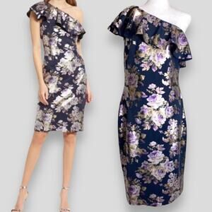 NWT ELIZA J DRESS FLORAL METALLIC FOIL JACQUARD RUFFLE ONE SHOULDER COCKTAIL
